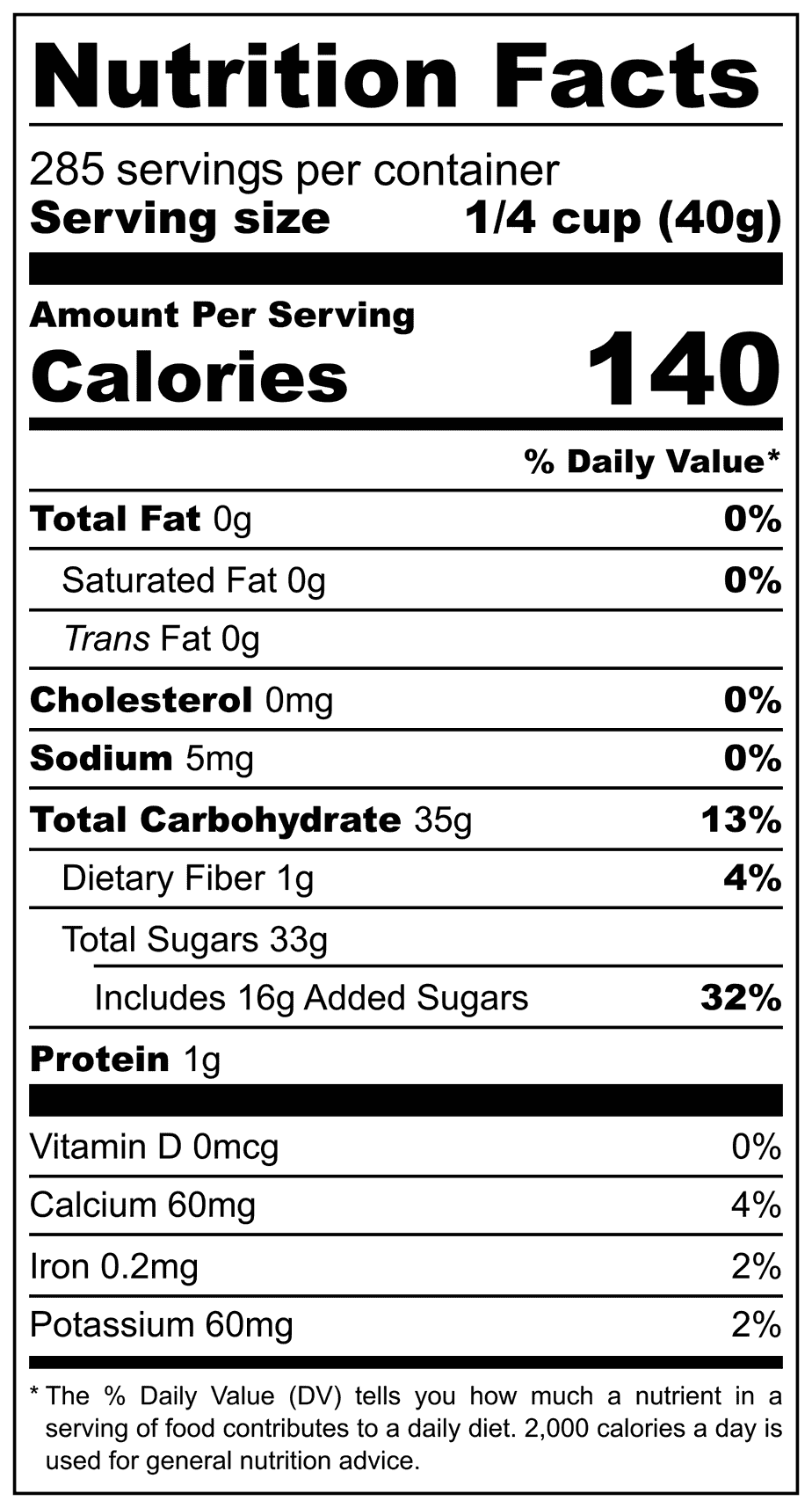 Bulk Dried Blueberries 25 Pound Box Nutrition Label