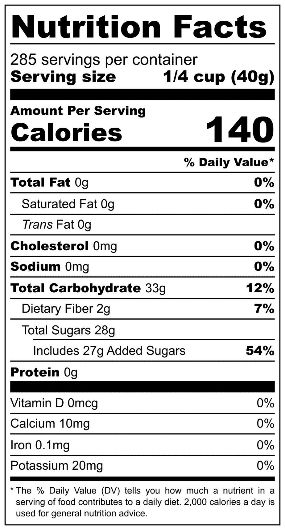 Bulk Dried Cranberries 25 Pound Box Nutrition Label