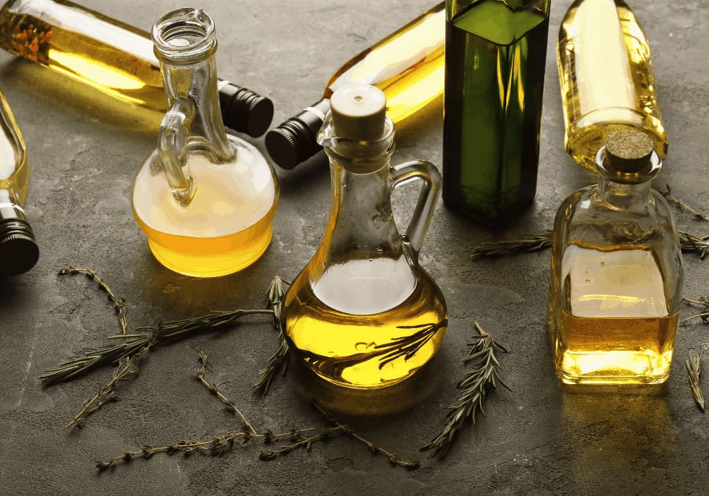 Hazelnut oil in decanters.