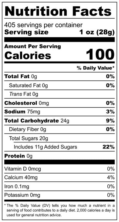 Bulk Dried Cantaloupe 25 Pound Box Nutrition Label