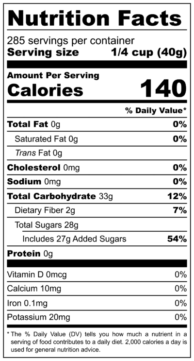 Bulk Dried Cranberries 25 Pound Box Nutrition Label