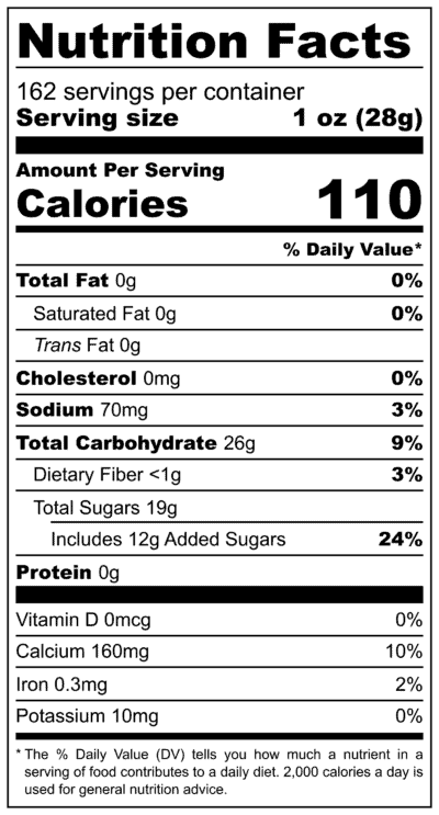 Bulk Kiwi Slices 10 Pound Box Nutrition Label