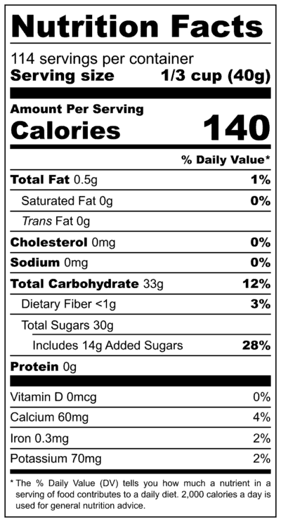 Bulk Red Tart Cherries 10 Pound Box Nutrition Label