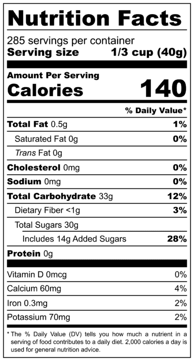 Bulk Red Tart Cherries 25 Pound Box Nutrition Label