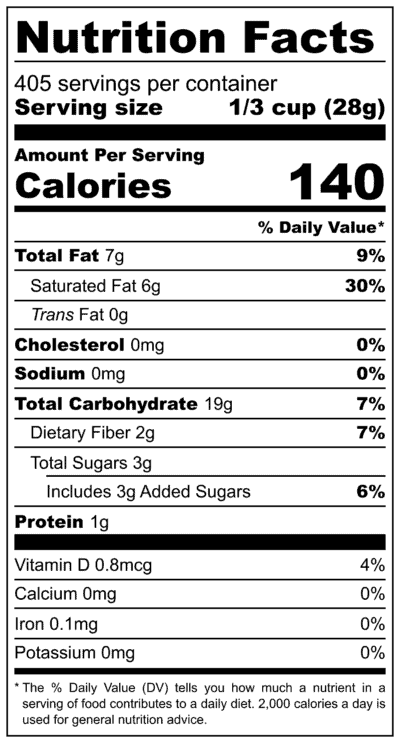 Bulk Sweetened Banana Chips 25 Pound Box Nutrition Label